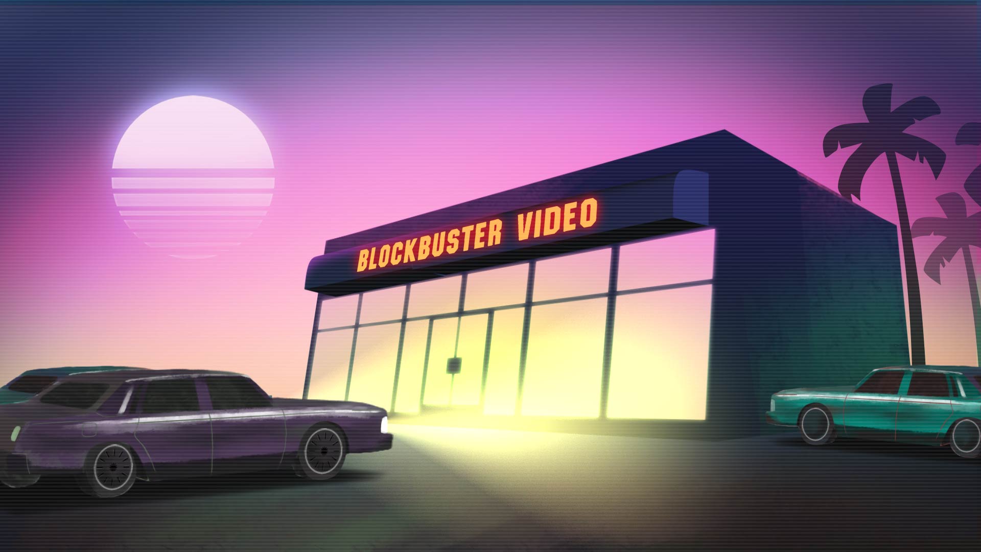 Cars pulling up outside a video rental store.