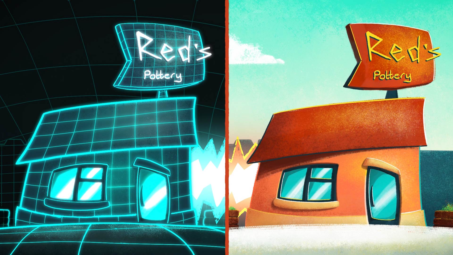 An illustration of a pottery store, with a split screen showing another virtual 'online' pottery store