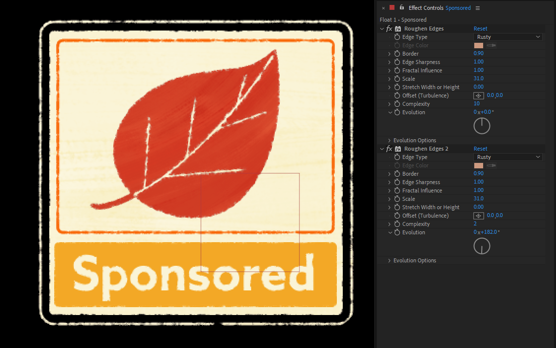 Screenshot of After Effects with an image of a sponsored post where the outlines have been stylised with multiple roughen edges effects.