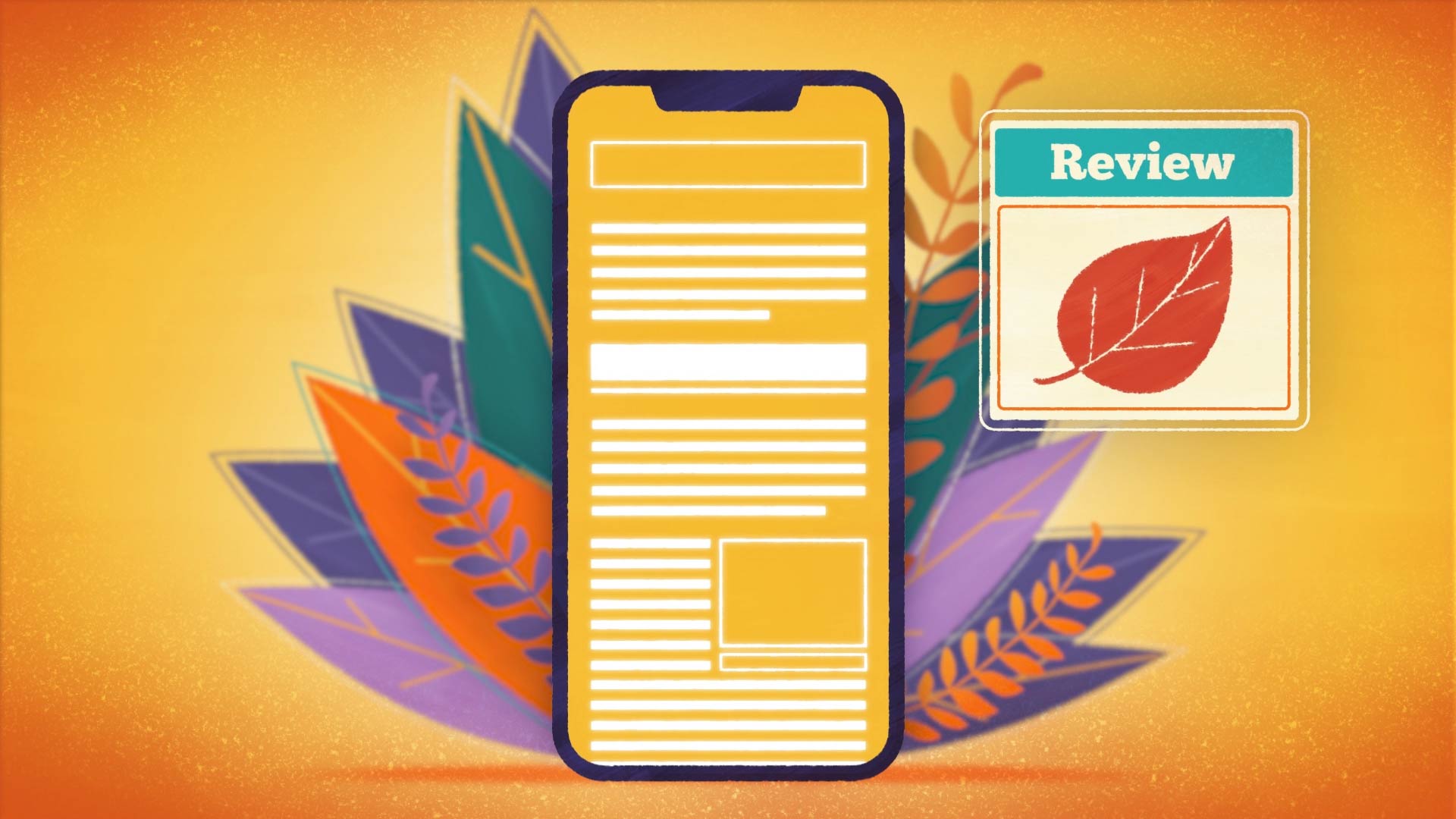 A painterly image of a mobile phone surrounded by leaves and a call out of an online review.