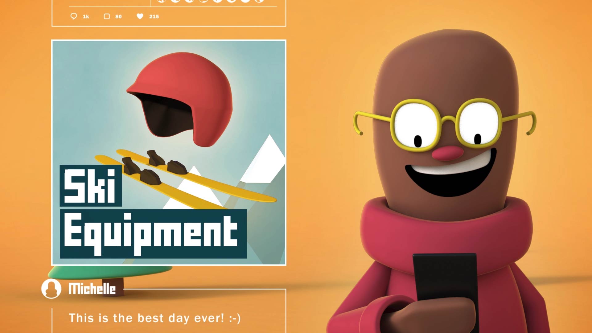 A 3D render of a man with a big grin on his face next to a social media ad for ski equipment