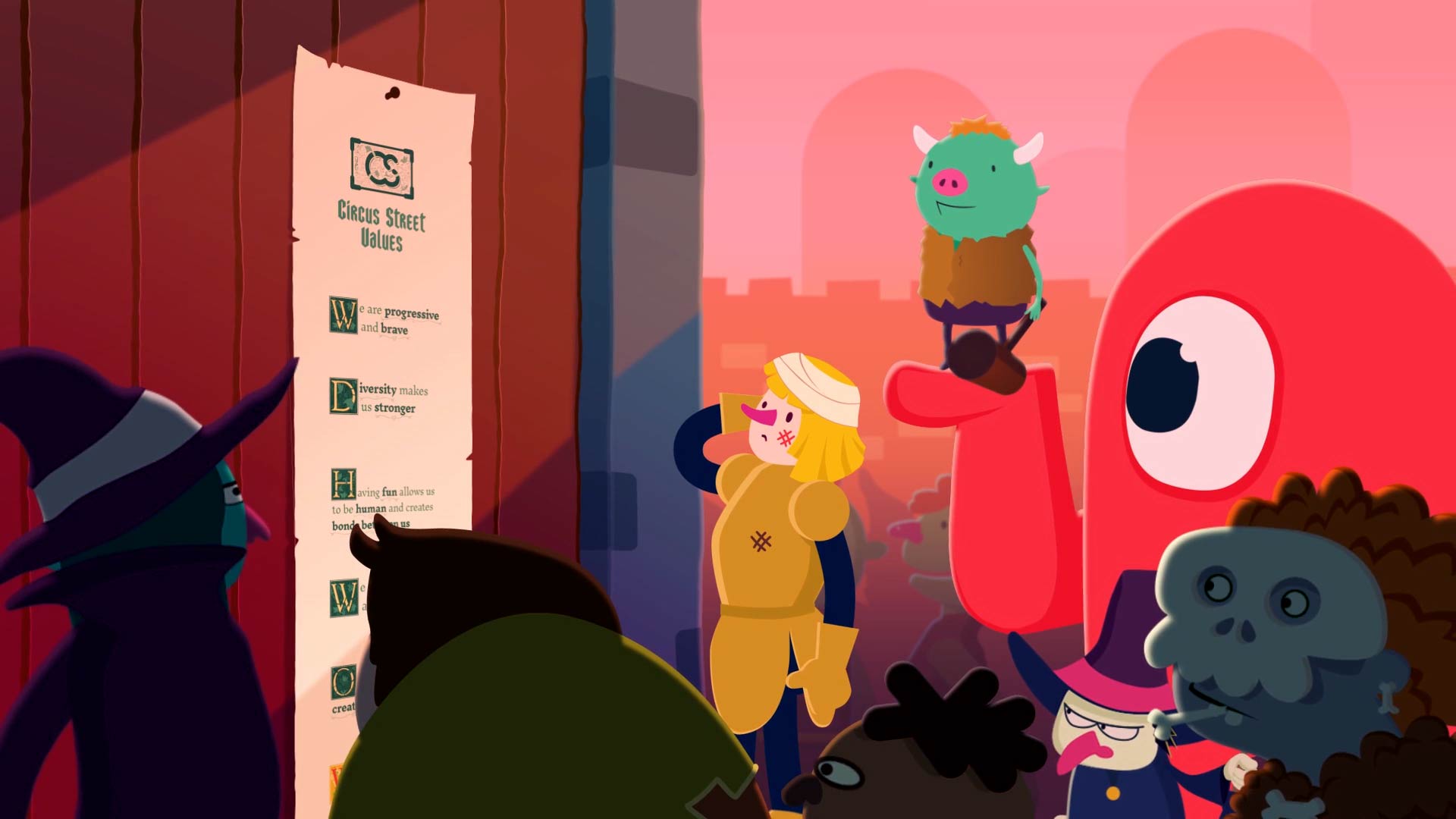 A crowd of fantasy characters gathered around a notice that's been nailed to a door with a list of company values on it.