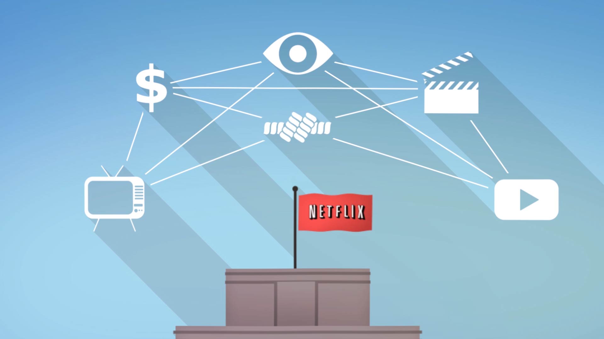 Video still showing icons with a long shadow in a 2010s style flat aesthetic.