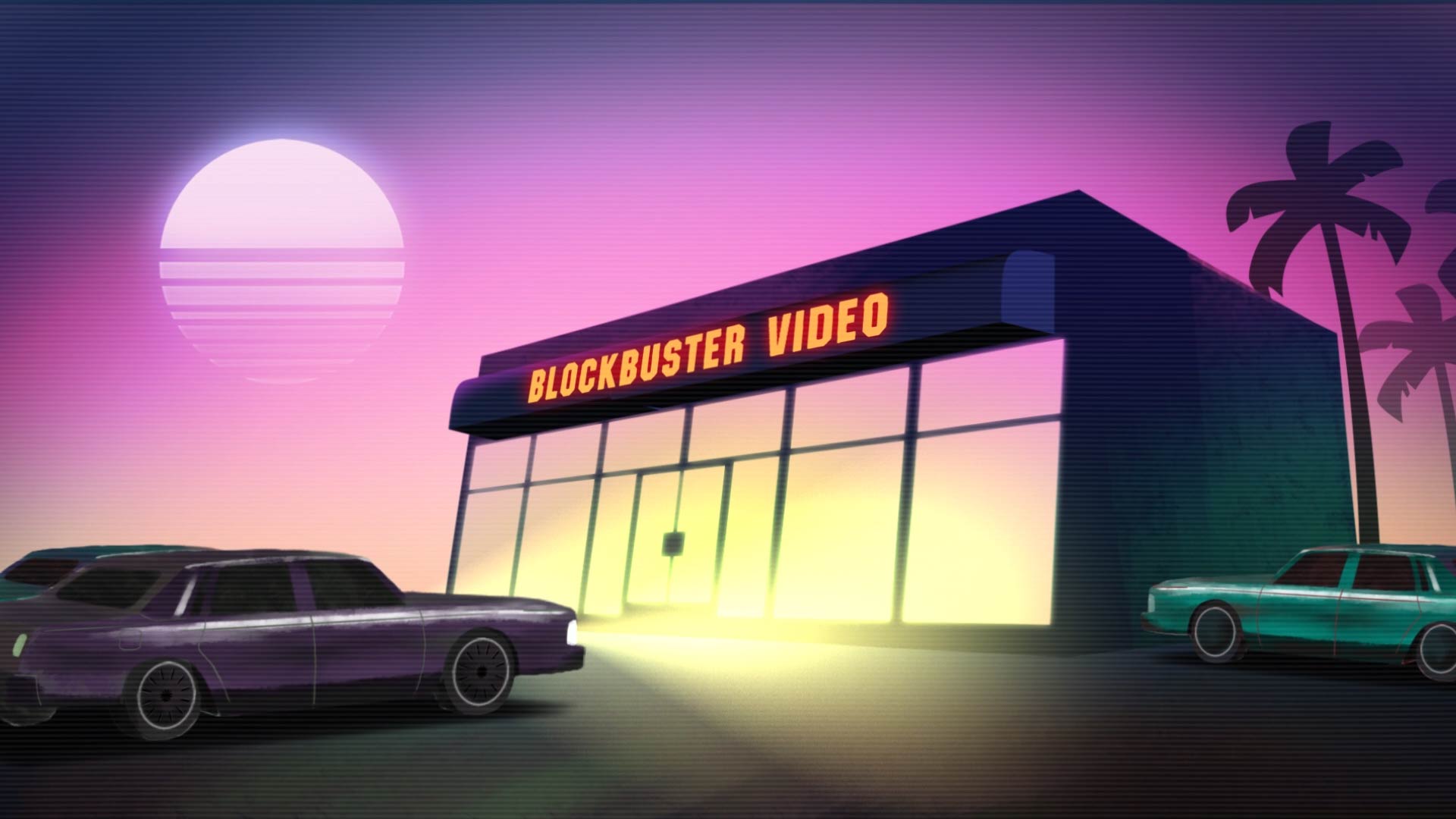 Video still showing a blockbuster in a 1980s neon illustration style