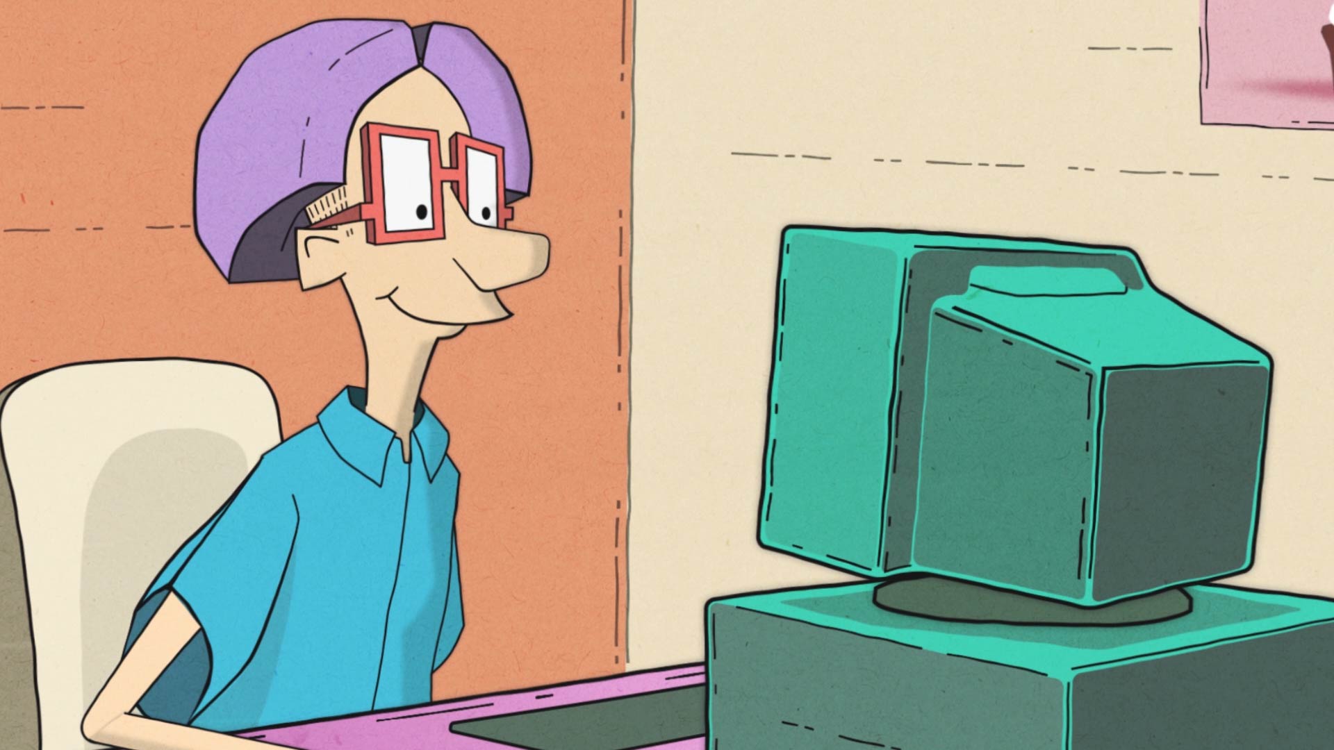 Video still showing a 90s cartoon style similar to the Rugrats of a man sat at a computer.